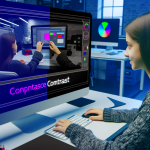 a white young girl graphic designer who is designing an application working with UI and UX on his computer