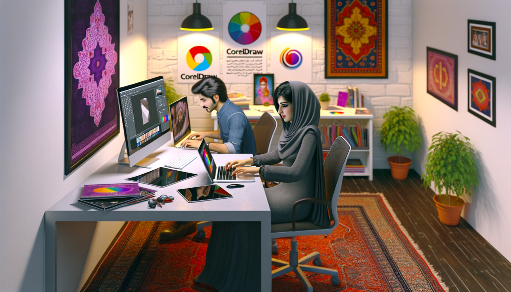 An Iranian office or home studio scene showing two Iranian graphic designers working side by side at a shared desk. One is a young Iranian woman wearing a loose, stylish shawl (scarf) over her hair, working on a laptop with the Adobe Illustrator interface open — artboards, pen tool, and the Illustrator logo are visible on her screen. The other is a young Iranian man working on a desktop PC with the CorelDRAW interface, showing colorful vector designs and the CorelDRAW logo. The room features Persian-style elements like a kilim rug, bookshelf with Iranian design books, indoor plants, and warm lighting. Design sketches, color swatches, and a graphic tablet are placed on the desk. A wall poster behind them compares CorelDRAW and Illustrator with icons and feature highlights. The atmosphere is modern yet uniquely Iranian, with a creative and professional mood.