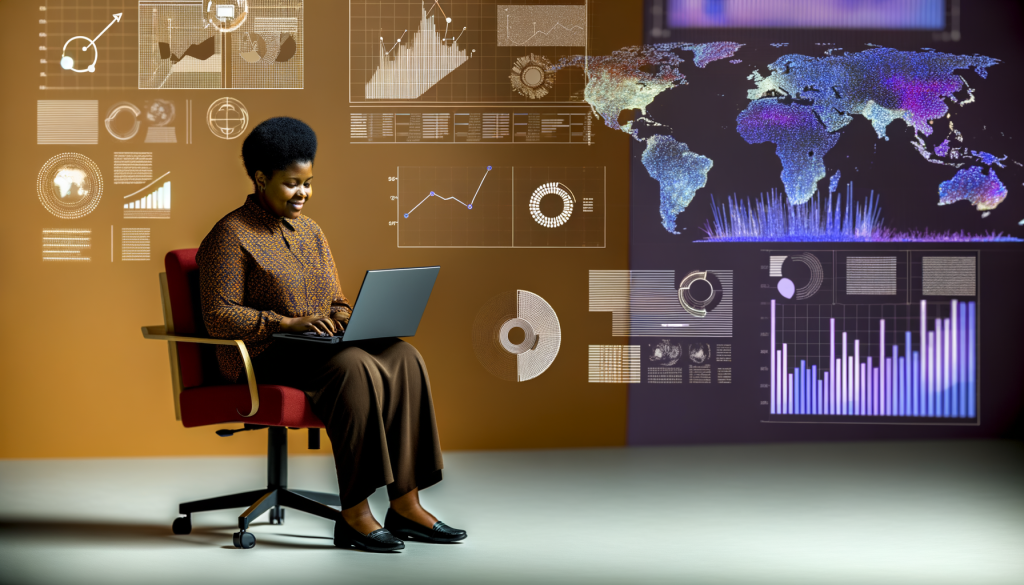 A woman sitting in a chair working with a laptop. behind her there are some pictures of marketing data. he is in an office