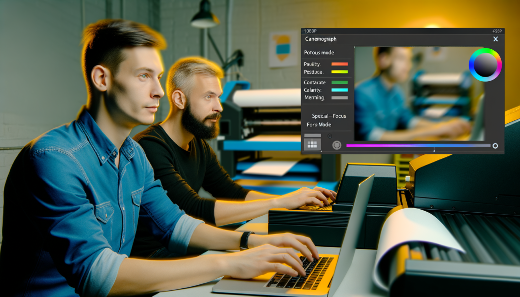 make photo of graphic designers who work with laptop and printing machines. their skin are white